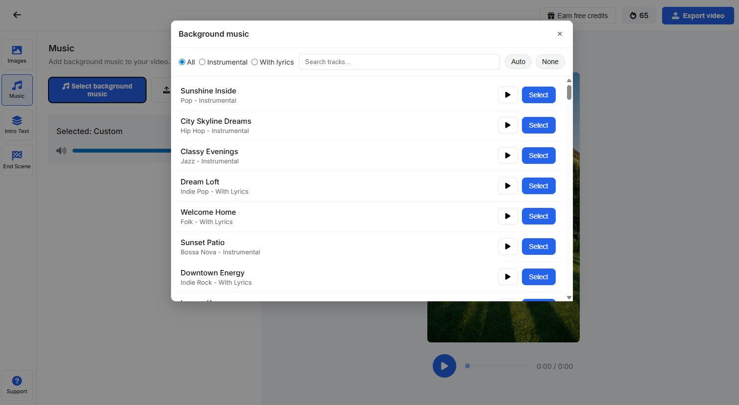 Background music selection with track list